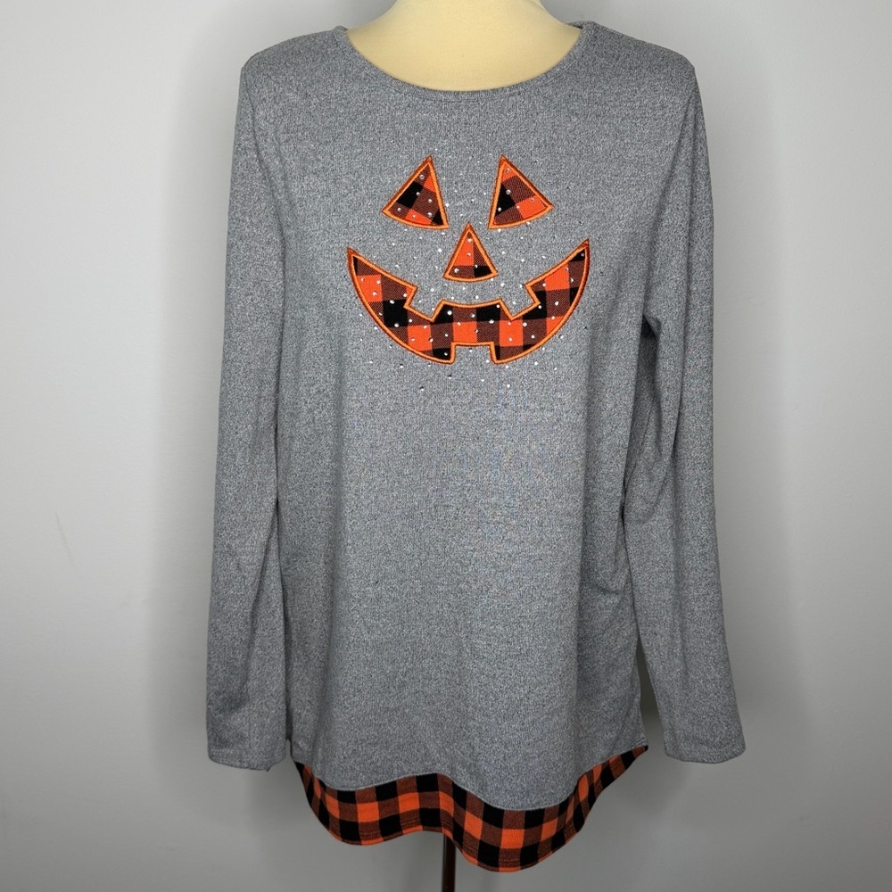 Quacker Factory Grey Jack-o-lantern Plaid Embellished Tunic